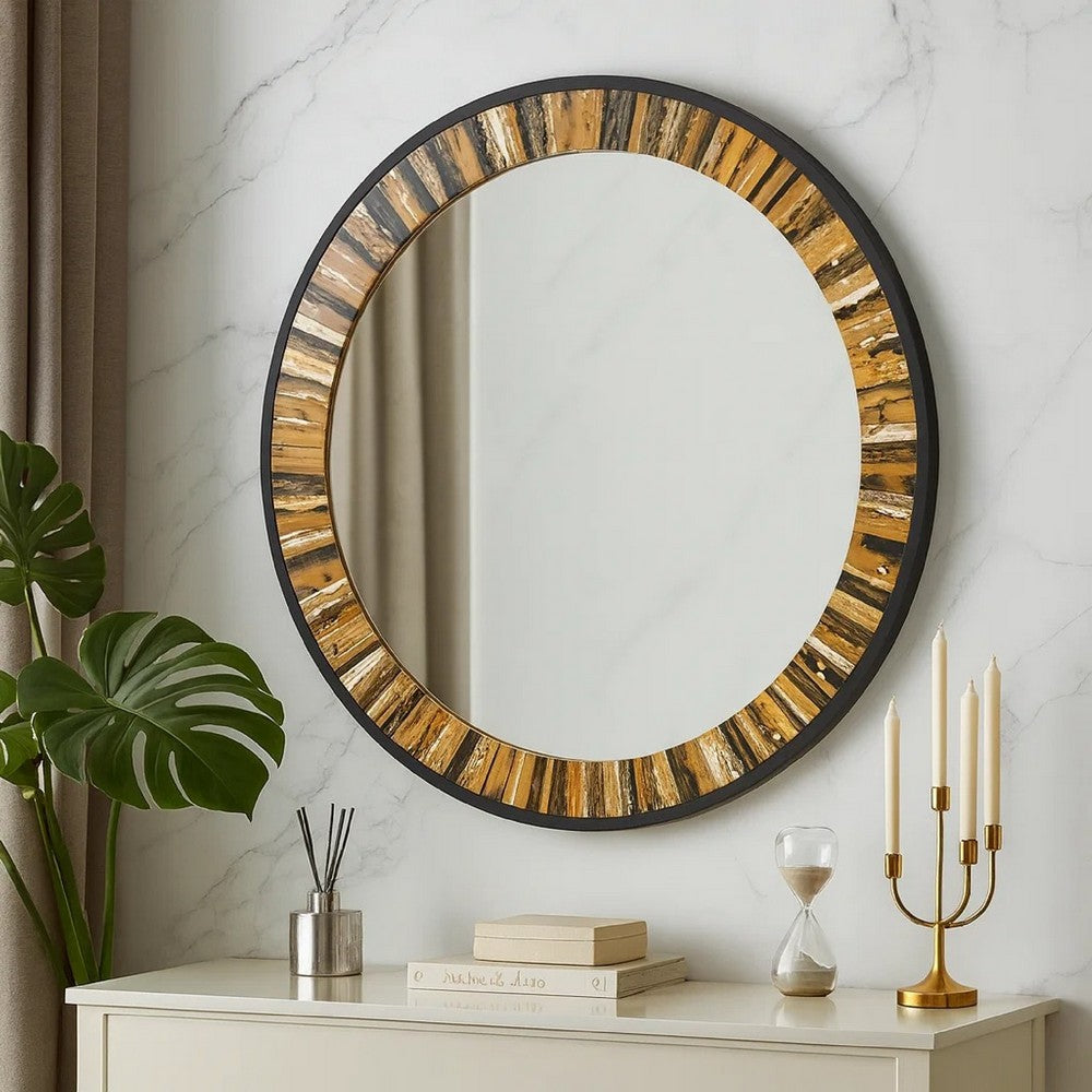 32 Inch Accent Wall Mirror, Round Metal Frame with Agate Inspired Pattern - BM285530