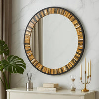 32 Inch Accent Wall Mirror, Round Metal Frame with Agate Inspired Pattern - BM285530