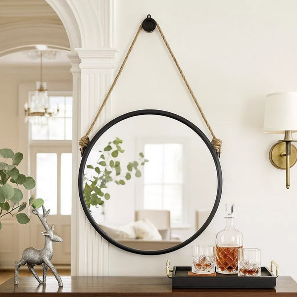 30 Inch Accent Wall Mirror with Rope Hanger and Round Black Metal Frame - BM285535