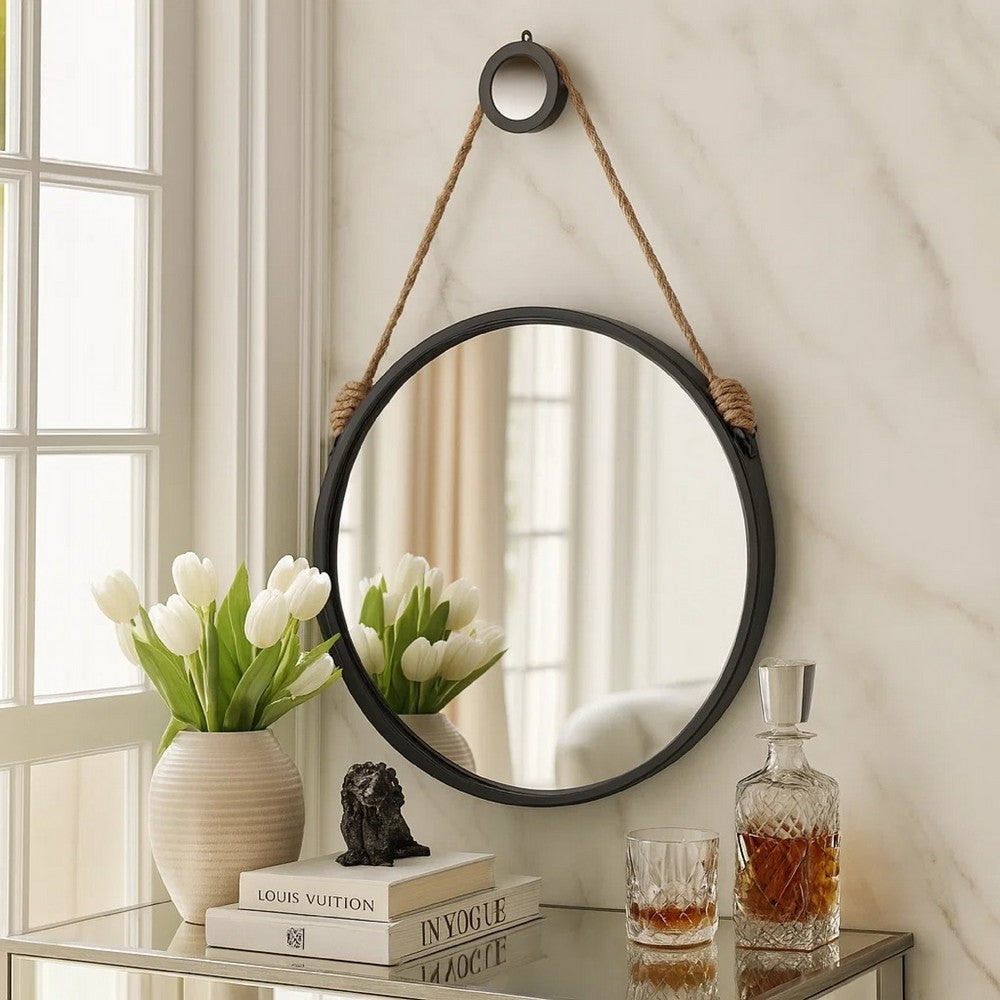 30 Inch Accent Wall Mirror with Rope Hanger and Round Black Metal Frame - BM285535