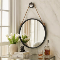 30 Inch Accent Wall Mirror with Rope Hanger and Round Black Metal Frame - BM285535