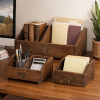 19, 13, 10 Inch Fir Wood Box, Set of 4 with Metal Handles, Antique Brown - BM285546