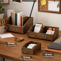 19, 13, 10 Inch Fir Wood Box, Set of 4 with Metal Handles, Antique Brown - BM285546