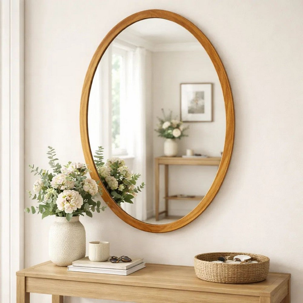 33 Inch Modern Accent Wall Mirror, Mountable Oval Wood Frame in Brown - BM285554