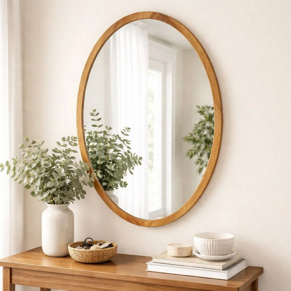 33 Inch Modern Accent Wall Mirror, Mountable Oval Wood Frame in Brown - BM285554