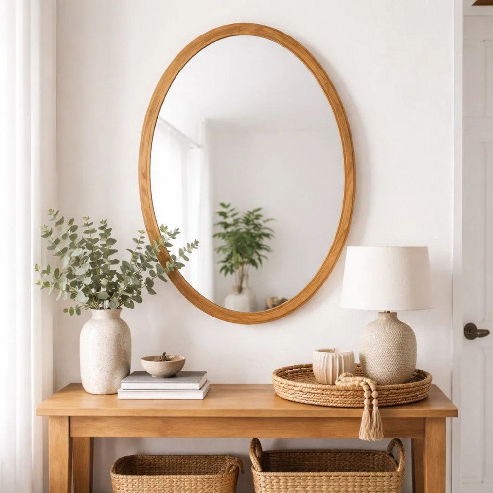 33 Inch Modern Accent Wall Mirror, Mountable Oval Wood Frame in Brown - BM285554