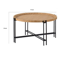 32 Inch Fir Wood Coffee Table, Intersecting Metal Legs, Brown and Black - BM285567