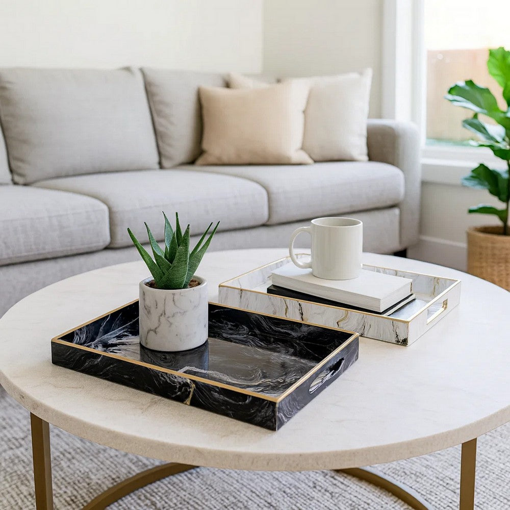 19, 18 Inch Set of 2 Modern Decorative Trays with Rims, Black and White - BM285568