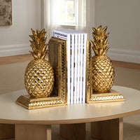 10 Inch Modern Bookends, Pineapple Decorative Statuette, Gold Resin - BM285570