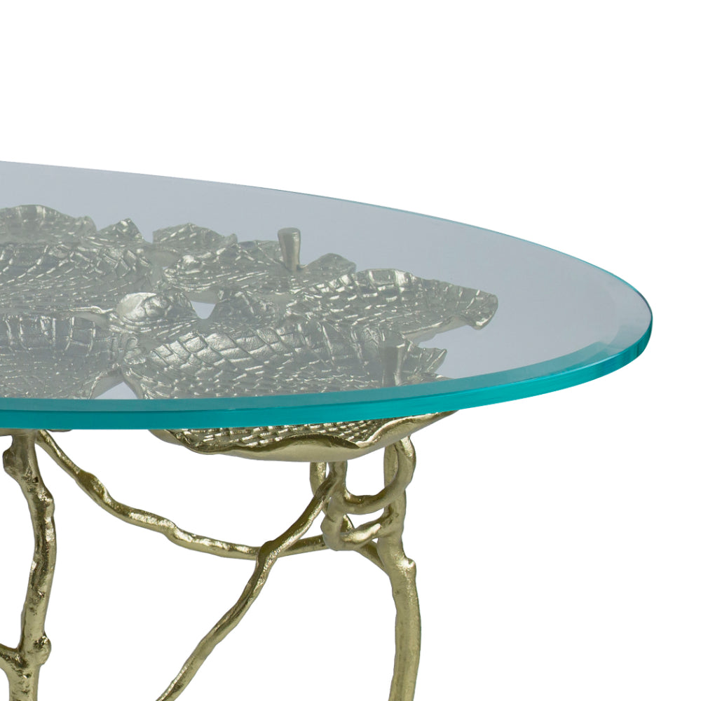 47 Inch Artisanal Coffee Table with Metal Frame, Oval Clear Glass Top, Gold - BM285578