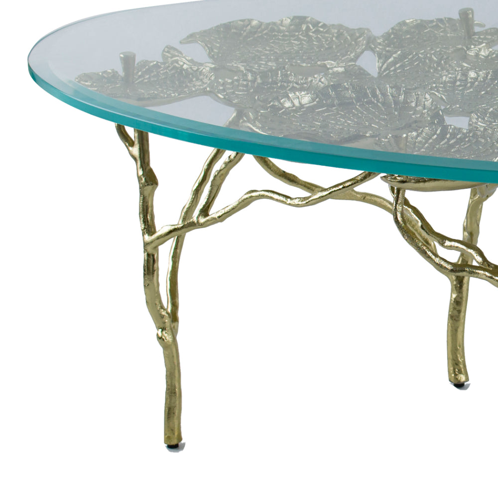 47 Inch Artisanal Coffee Table with Metal Frame, Oval Clear Glass Top, Gold - BM285578