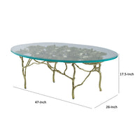 47 Inch Artisanal Coffee Table with Metal Frame, Oval Clear Glass Top, Gold - BM285578