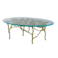 47 Inch Artisanal Coffee Table with Metal Frame, Oval Clear Glass Top, Gold - BM285578