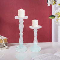 Qui 14, 11 Inch Candle Holders, Turned Pedestal, Blue Glass, Set of 2 - BM285579