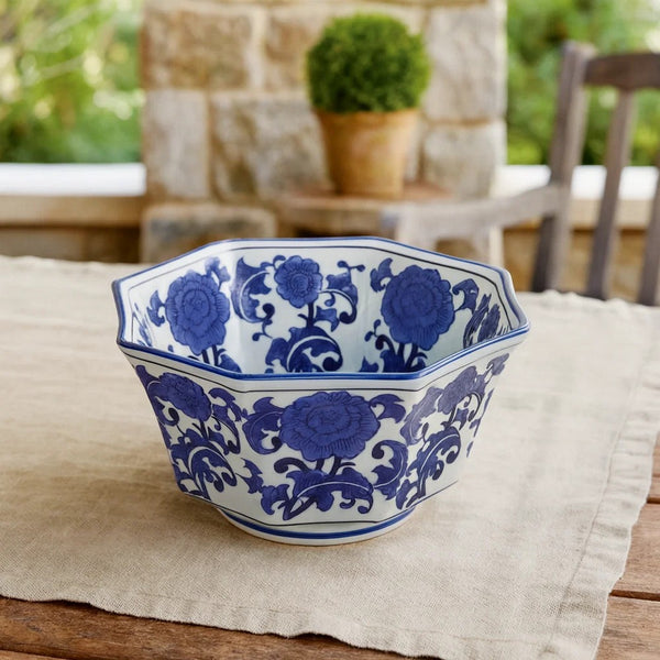11 Inch Decorative Bowl with Floral Pattern on Blue and White Porcelain - BM285587