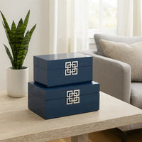 Neo 14, 11 Inch Set of 2 Decorative Boxes, Geometric Metal Accents, Blue - BM285590