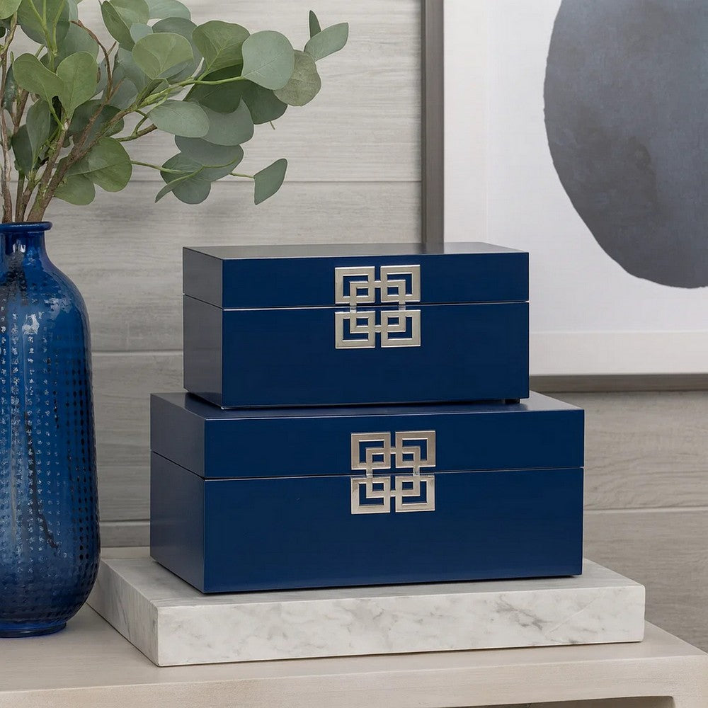 Neo 14, 11 Inch Set of 2 Decorative Boxes, Geometric Metal Accents, Blue - BM285590