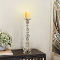 28 Inch Metal Candle Holder, Classical Turned Pedestal, Distressed White - BM285595