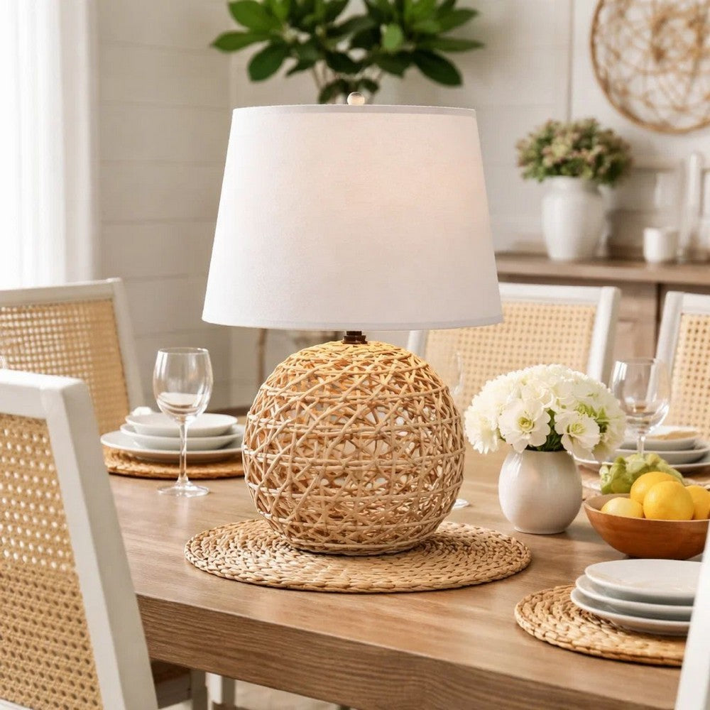 25 Inch Table Lamp, Elegant Handwoven Rope Base, Linen Shade, Natural Brown - BM285681