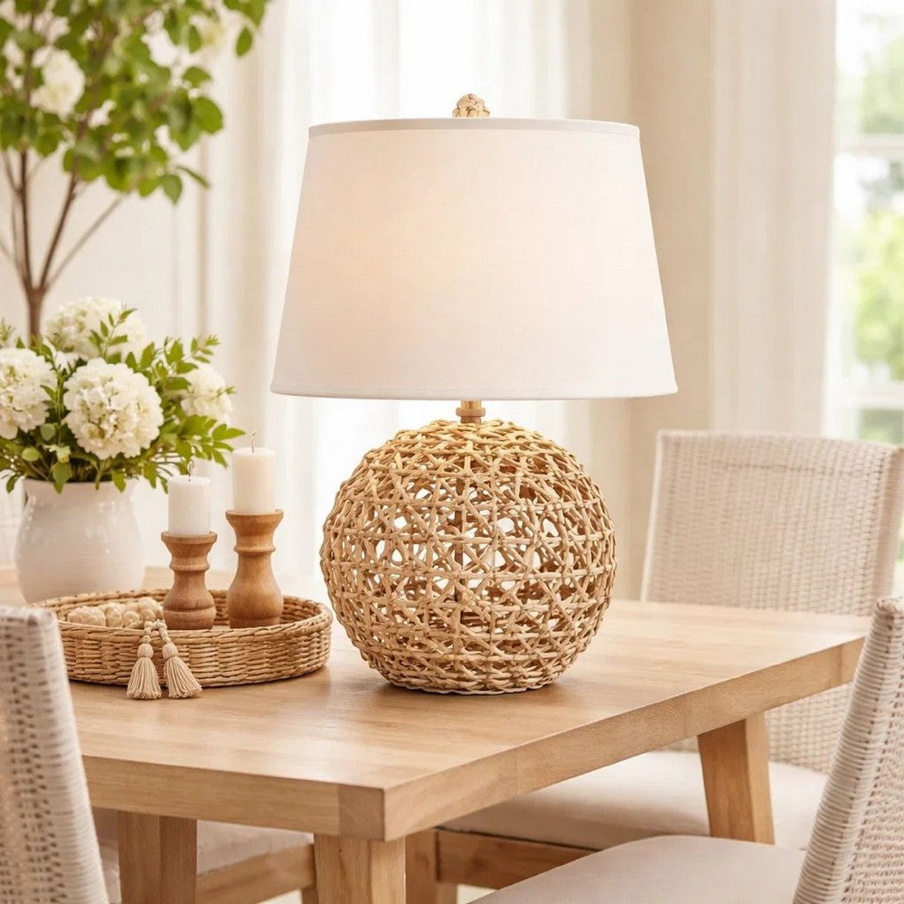 25 Inch Table Lamp, Elegant Handwoven Rope Base, Linen Shade, Natural Brown - BM285681