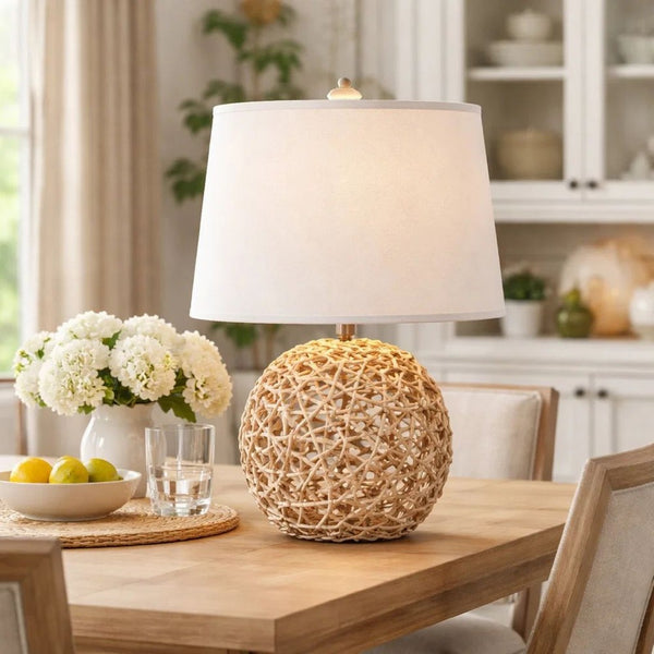 25 Inch Table Lamp, Elegant Handwoven Rope Base, Linen Shade, Natural Brown - BM285681