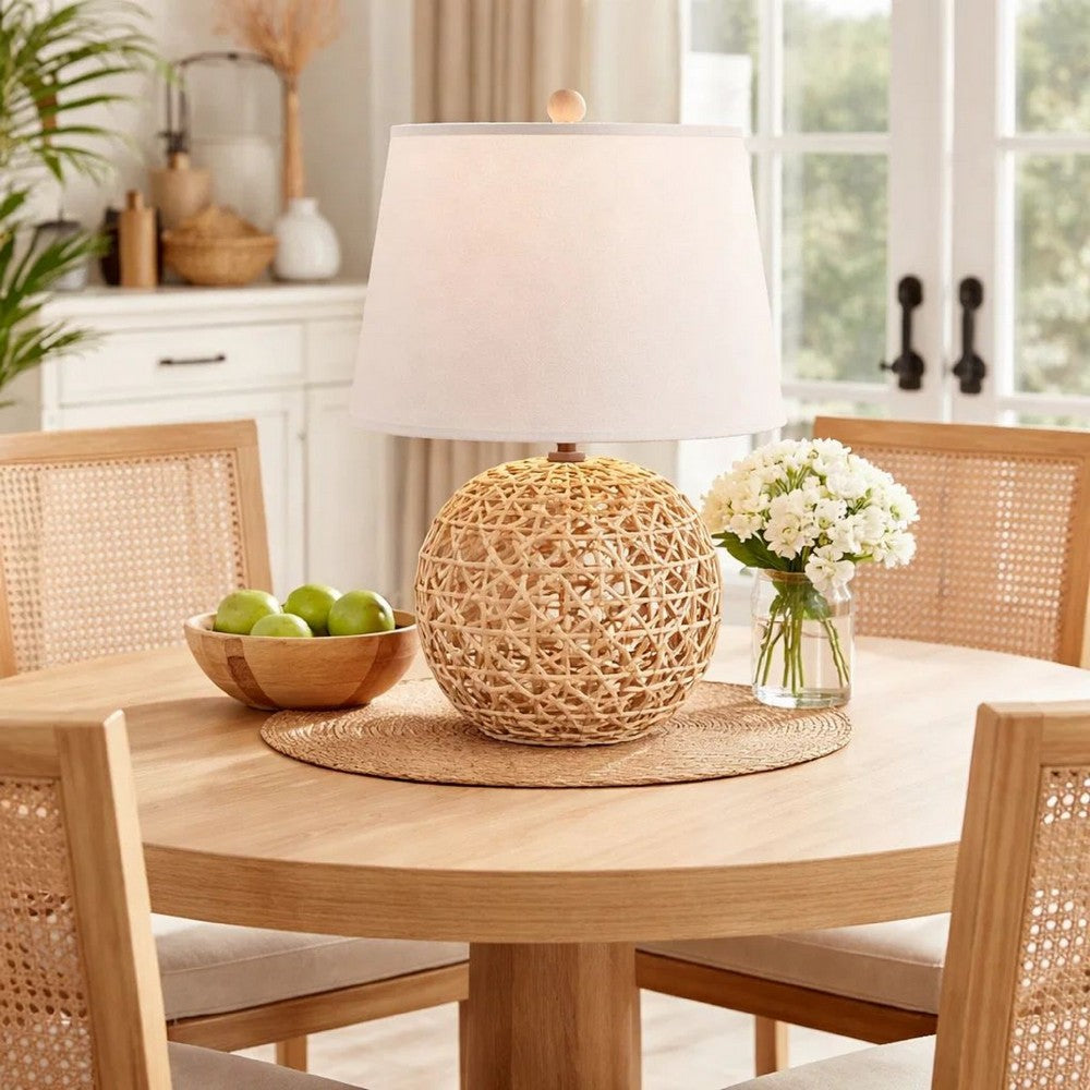 25 Inch Table Lamp, Elegant Handwoven Rope Base, Linen Shade, Natural Brown - BM285681