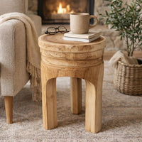 17 Inch Stool Accent Table, Paulownia Wood, Three Leg Base, Natural Brown - BM285724