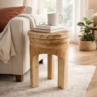 17 Inch Stool Accent Table, Paulownia Wood, Three Leg Base, Natural Brown - BM285724