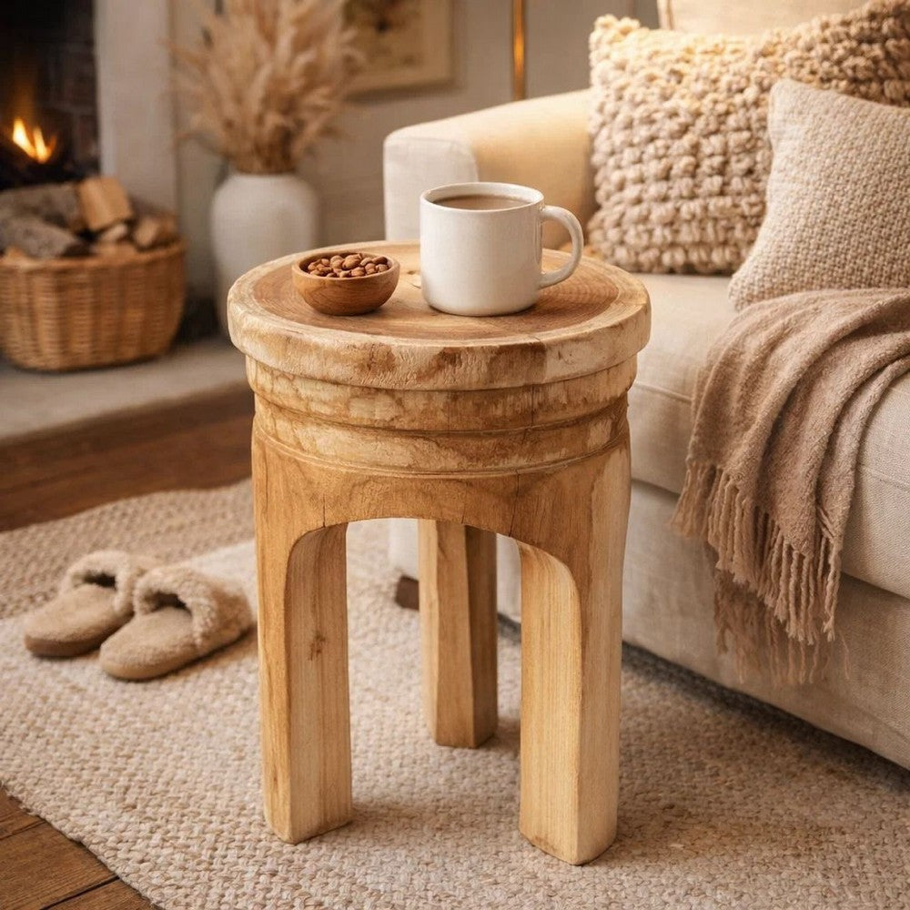 17 Inch Stool Accent Table, Paulownia Wood, Three Leg Base, Natural Brown - BM285724