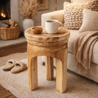 17 Inch Stool Accent Table, Paulownia Wood, Three Leg Base, Natural Brown - BM285724