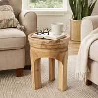 17 Inch Stool Accent Table, Paulownia Wood, Three Leg Base, Natural Brown - BM285724