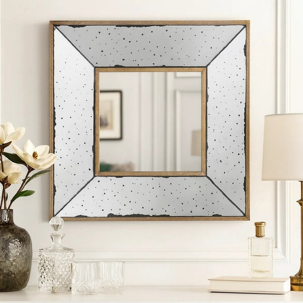 Joe 12 Inch Square Wall Mirror, 3 Dimensional, Speckled Off White and Brown - BM285884