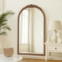 Eel 42 Inch Wall Mirror, Brown Arched Wood Frame, Hand Carved Rose Accent - BM285889