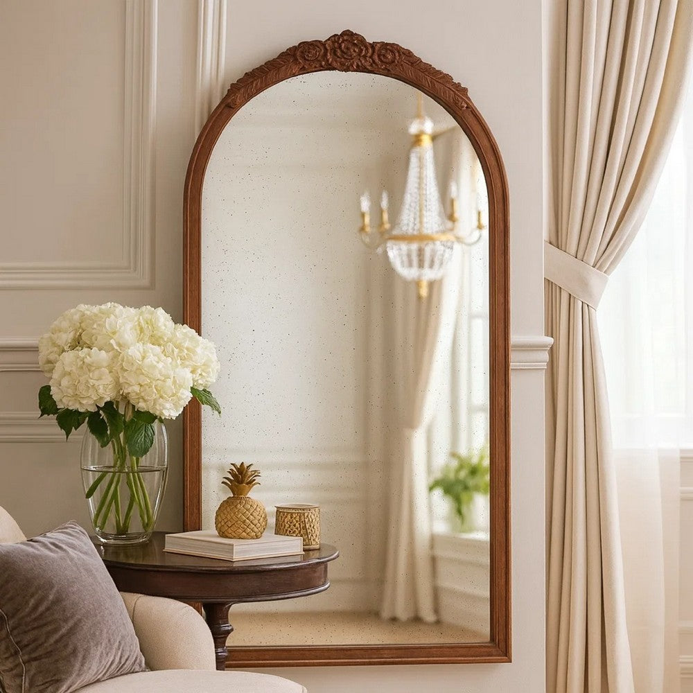Eel 42 Inch Wall Mirror, Brown Arched Wood Frame, Hand Carved Rose Accent - BM285889