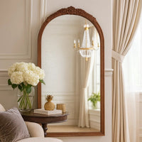 Eel 42 Inch Wall Mirror, Brown Arched Wood Frame, Hand Carved Rose Accent - BM285889