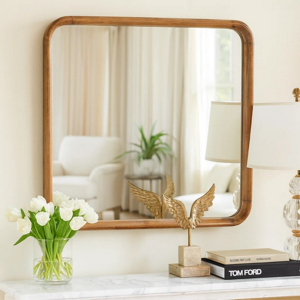 Italy【Wood Frame Mirror】木枠 象嵌 ウォールミラー Benjara Roe 32 Inch Wall Mirror, Brown Curved Pine Wood Frame
