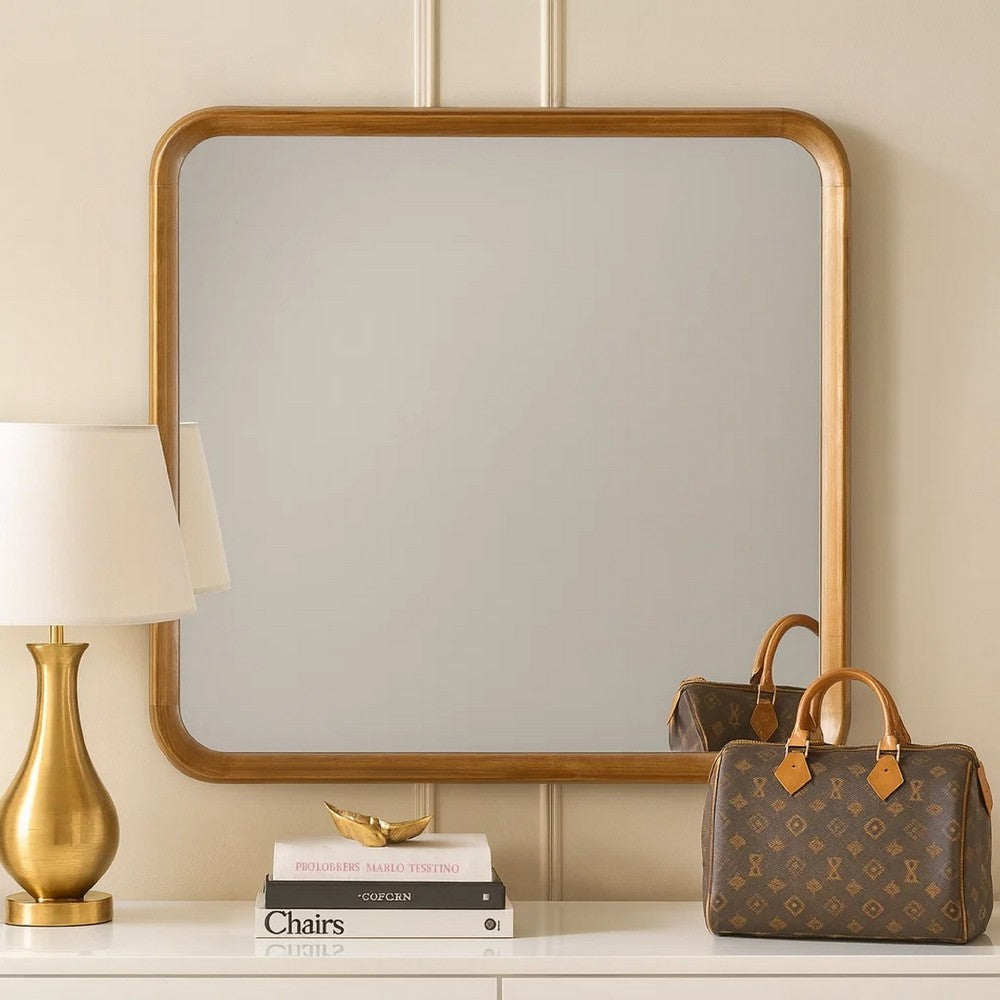 Roe 32 Inch Wall Mirror, Brown Curved Pine Wood Frame, Minimalistic - BM285894