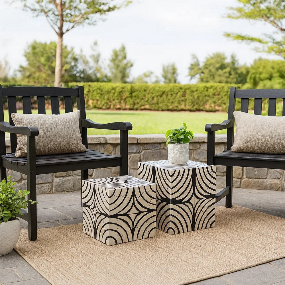 8, 7 Inch Storage Box Set of 2, Wood Frame, Black and White Trellis - BM285922