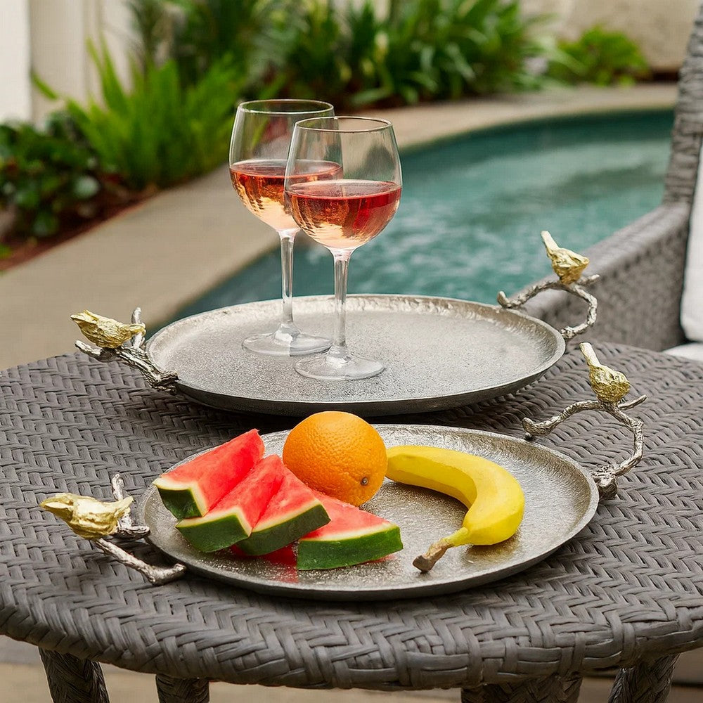 21 Inch Decorative Tray Set of 2, Perched Birds Silver Metal, Large - BM285923