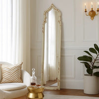 73 Inch Floor Mirror with Ornate Sculpted Top, Fir Wood, Weathered White - BM285925