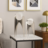 13, 10 Inch Crystal Orb Accent Decor Set of 2, Metal Stand, Art Deco - BM285930