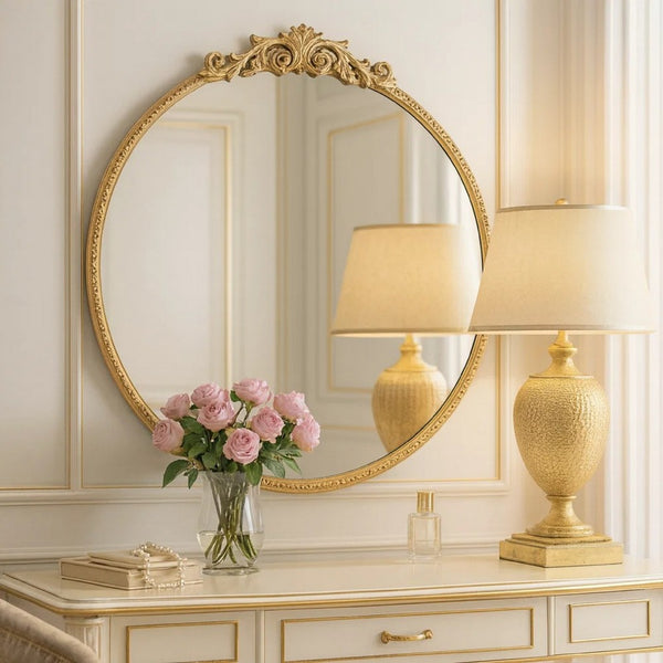 Kea 32 Inch Vintage Round Wall Mirror, Gold Metal Frame, Baroque Design - BM285933