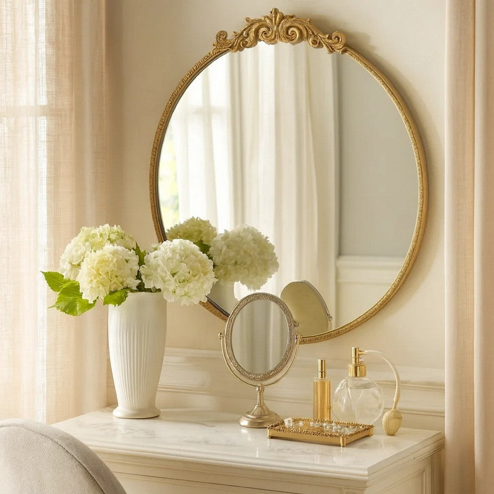 Kea 32 Inch Vintage Round Wall Mirror, Gold Metal Frame, Baroque Design - BM285933