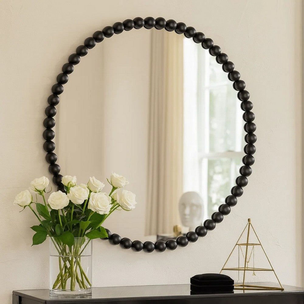 Emu 32 Inch Modern Round Wall Mirror, Beaded Black Metal Accent Frame - BM285938