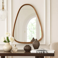 Roe 37 Inch Accent Wall Mirror, Brown Curved Pine Wood Frame, Minimalistic - BM285940