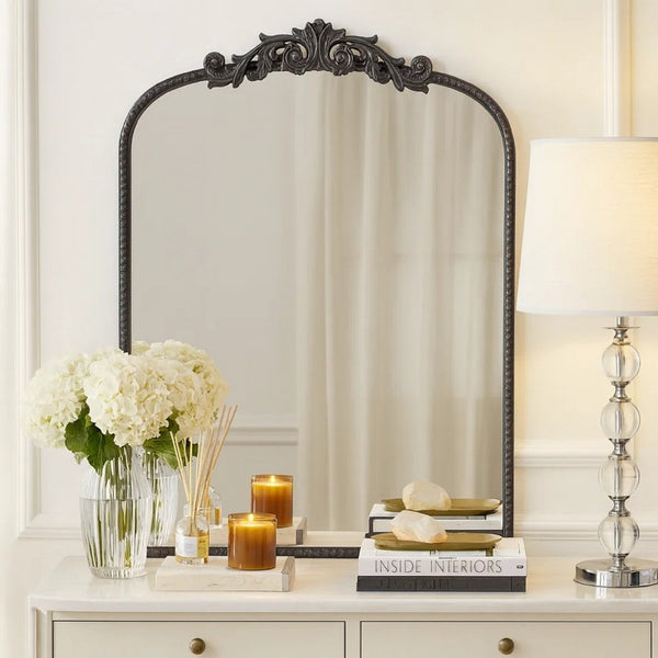 Kea 36 Inch Wall Mirror, Black Curved Metal Frame, Baroque Accent Design - BM285941
