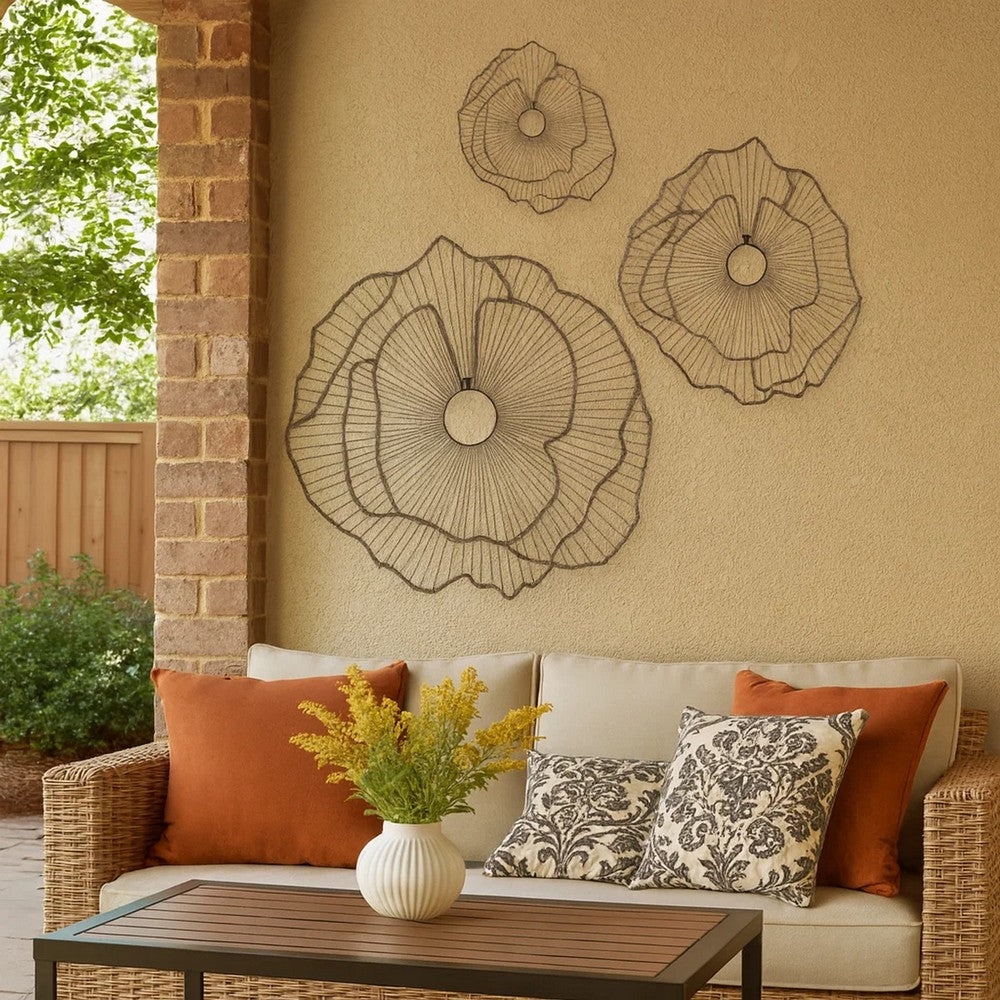 30, 24, 18 Inch Set of 3 Decorative Metal Flowers, Wall Decor Black, Gold - BM285945