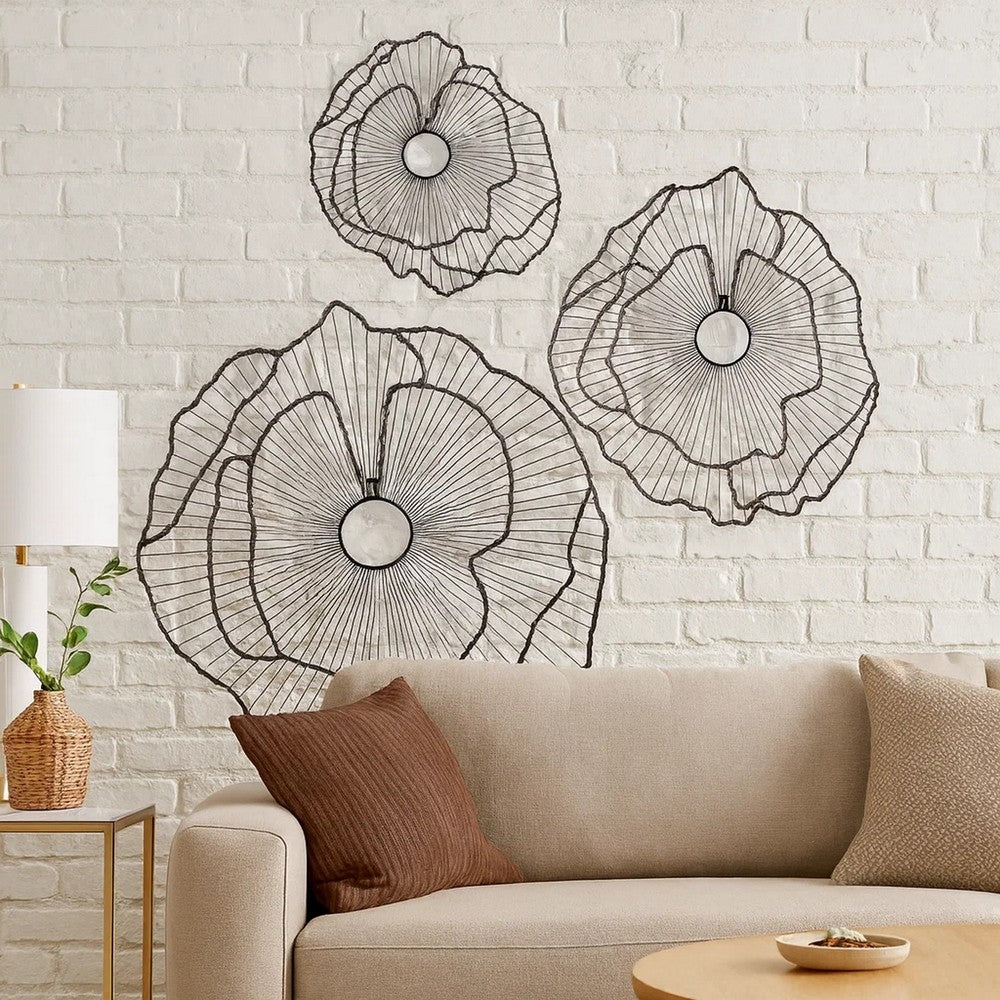 30, 24, 18 Inch Set of 3 Decorative Metal Flowers, Wall Decor Black, Gold - BM285945