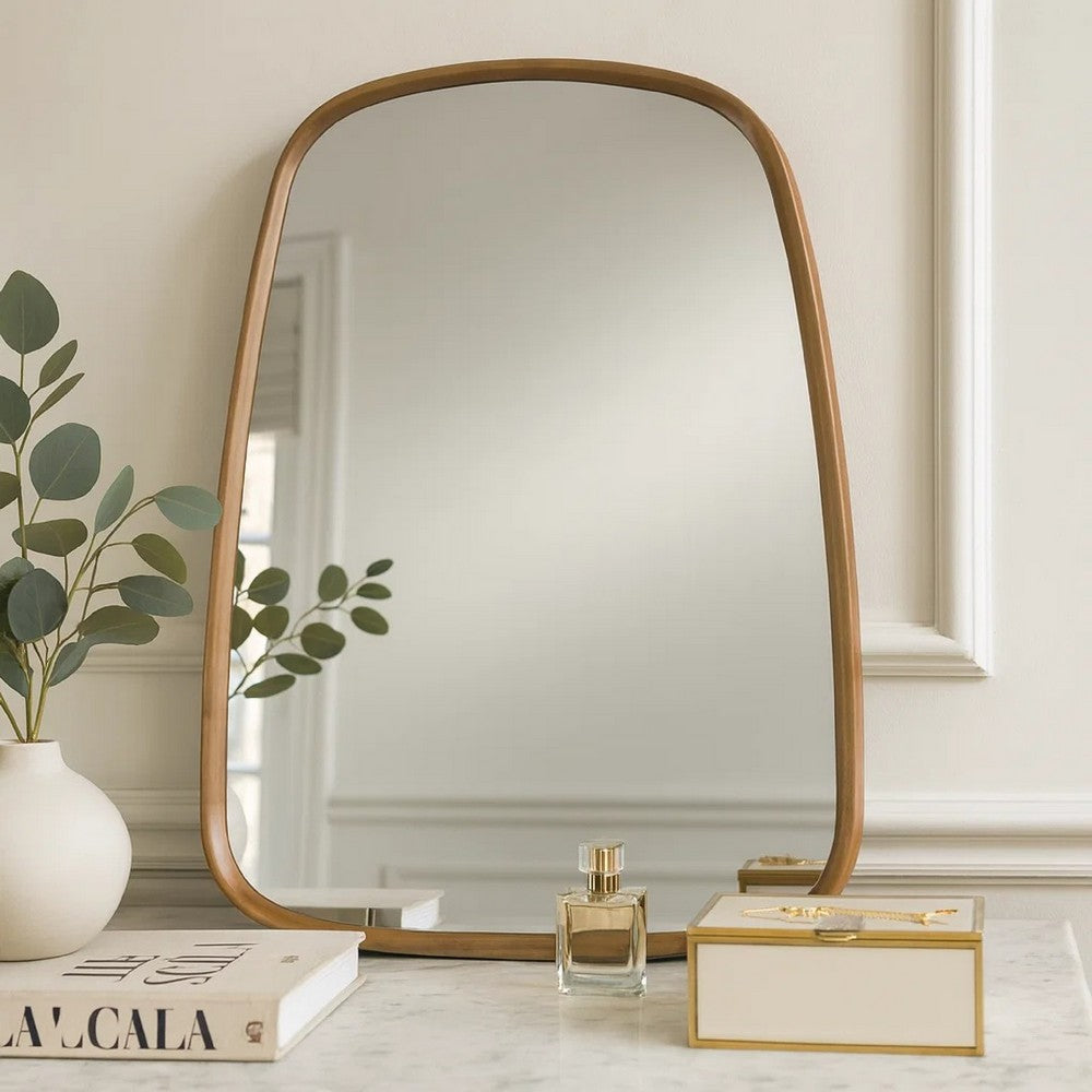 Roe 27 Inch Wall Mirror, Brown Curved Pine Wood Frame, Minimalistic - BM285960