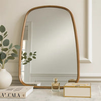 Roe 27 Inch Wall Mirror, Brown Curved Pine Wood Frame, Minimalistic - BM285960